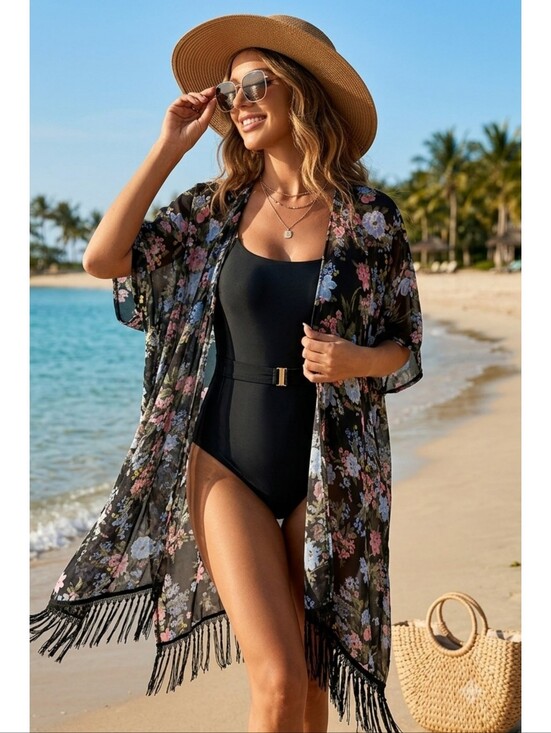 Time and Tru Other - Time And Tru Black Sheer Floral Kimono With Fringe One Size